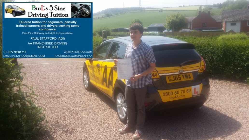 Zero Faults Test Pass Pupil Joshua Carnes Terry with Paul's 5 Star Driving Tuition